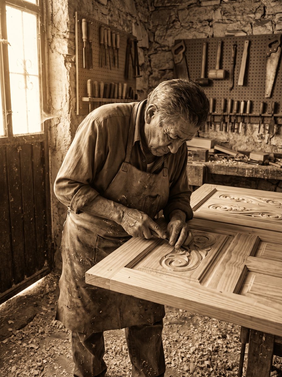 Master artisan at work in his San Miguel de Allende workshop, hand-carving a wooden door panel