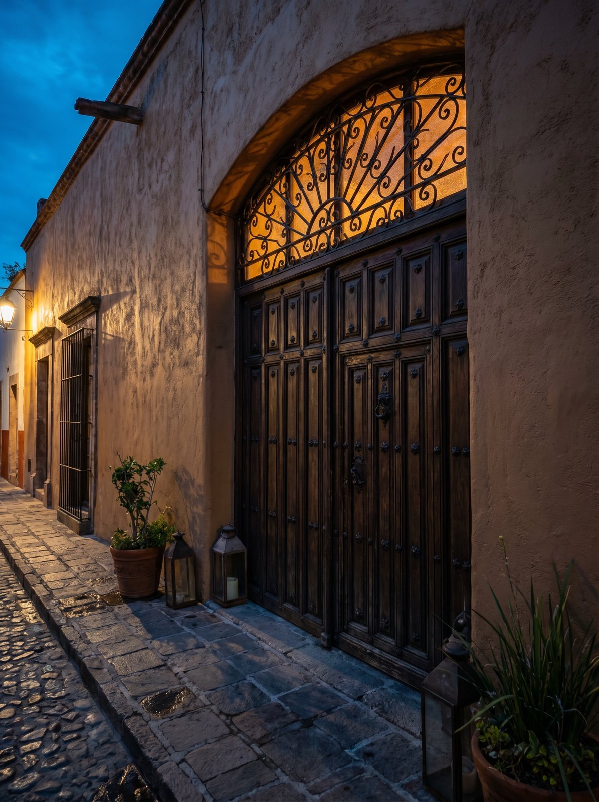 Custom arched door entry at twilight
