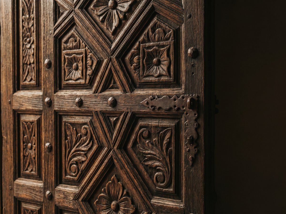 Close-up detail of hand-carved door panel
