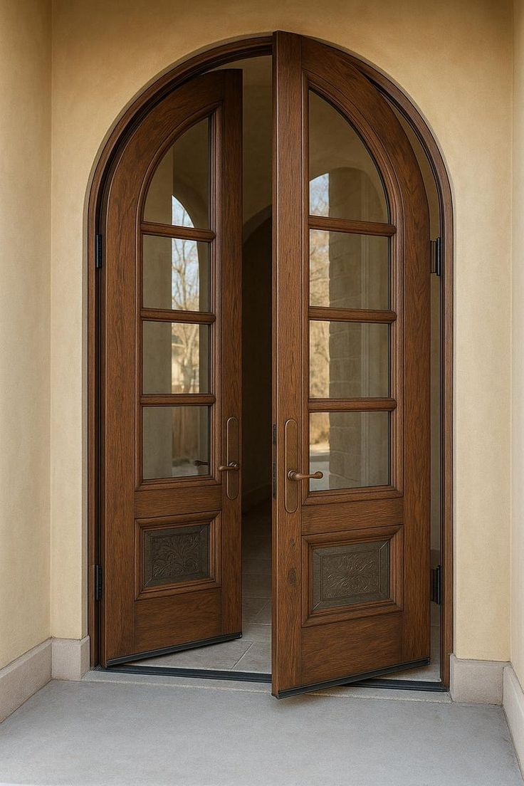 Double arched glass and wood entry doors