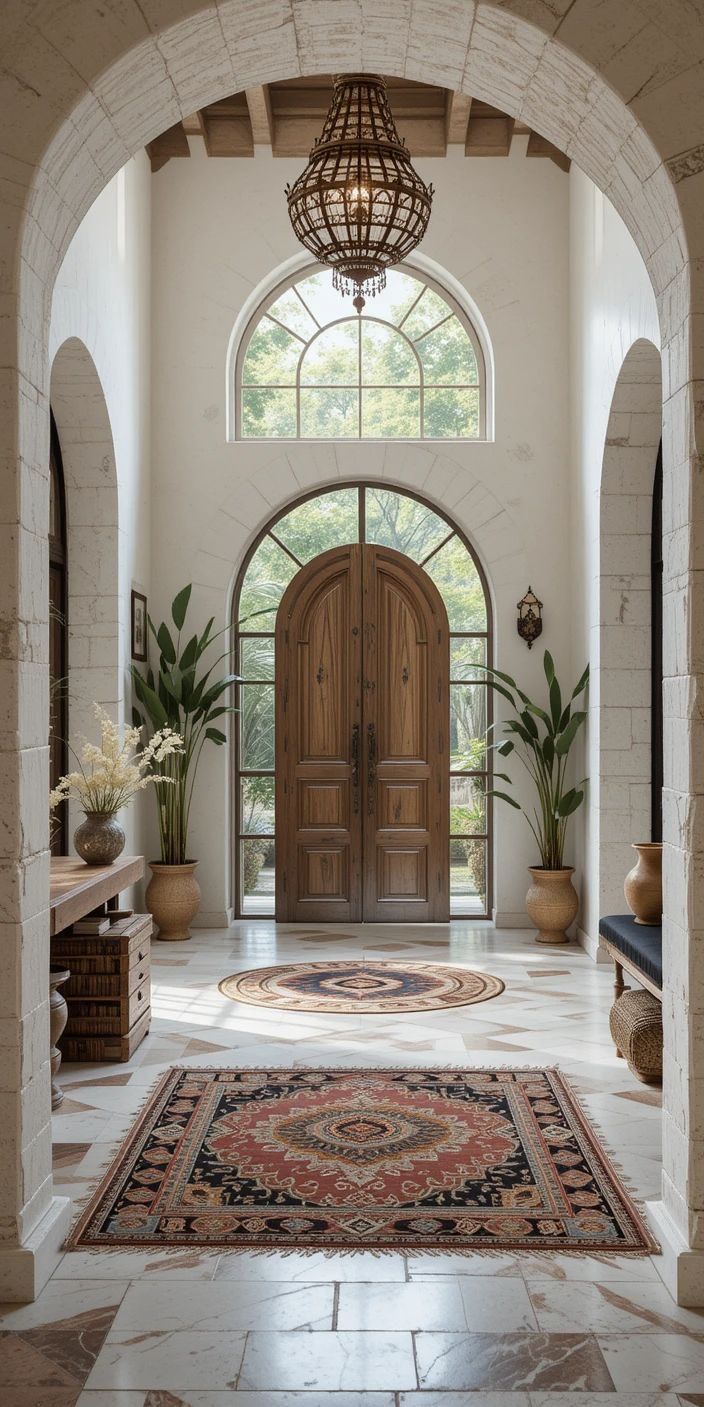 Dramatic entryway with hand-carved doors